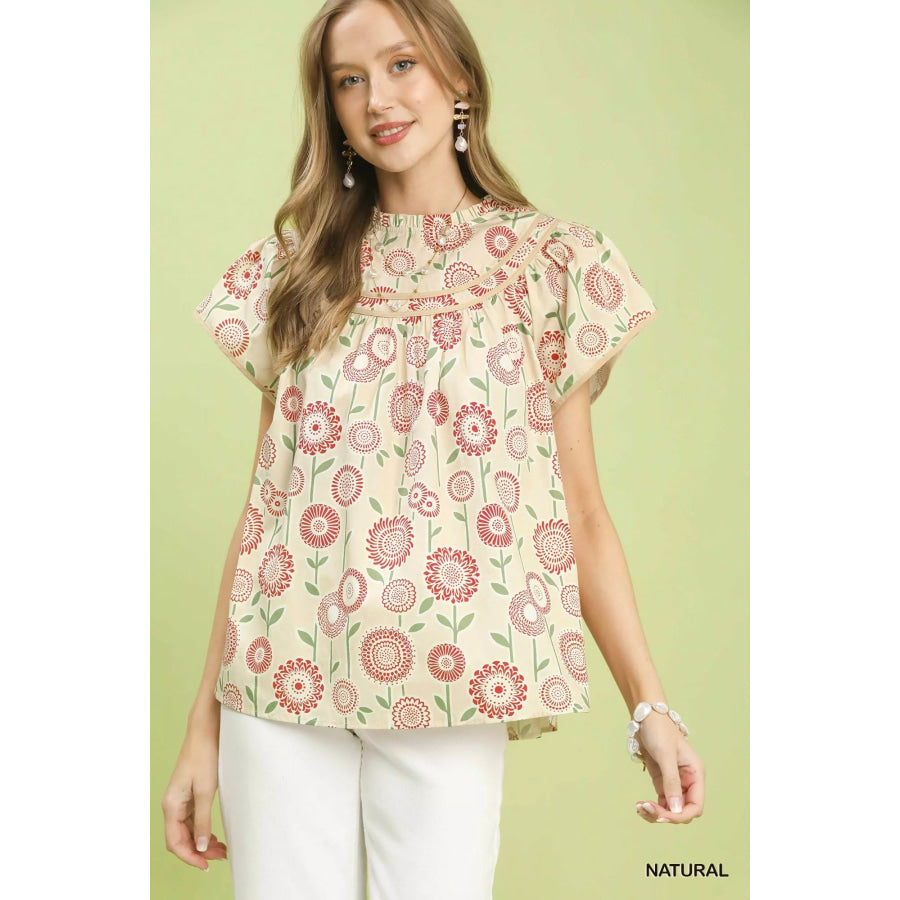 Umgee Retro Floral Smocked Babydoll Blouse NATURAL / S Apparel and Accessories