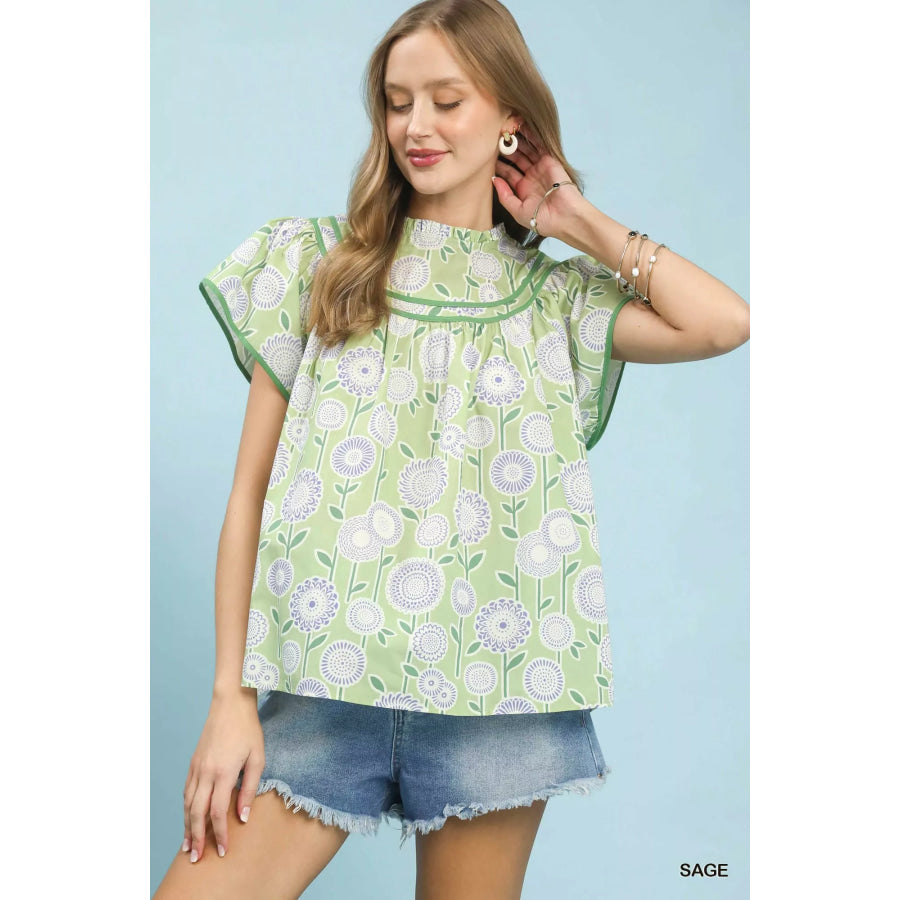 Umgee Retro Floral Smocked Babydoll Blouse SAGE / S Apparel and Accessories
