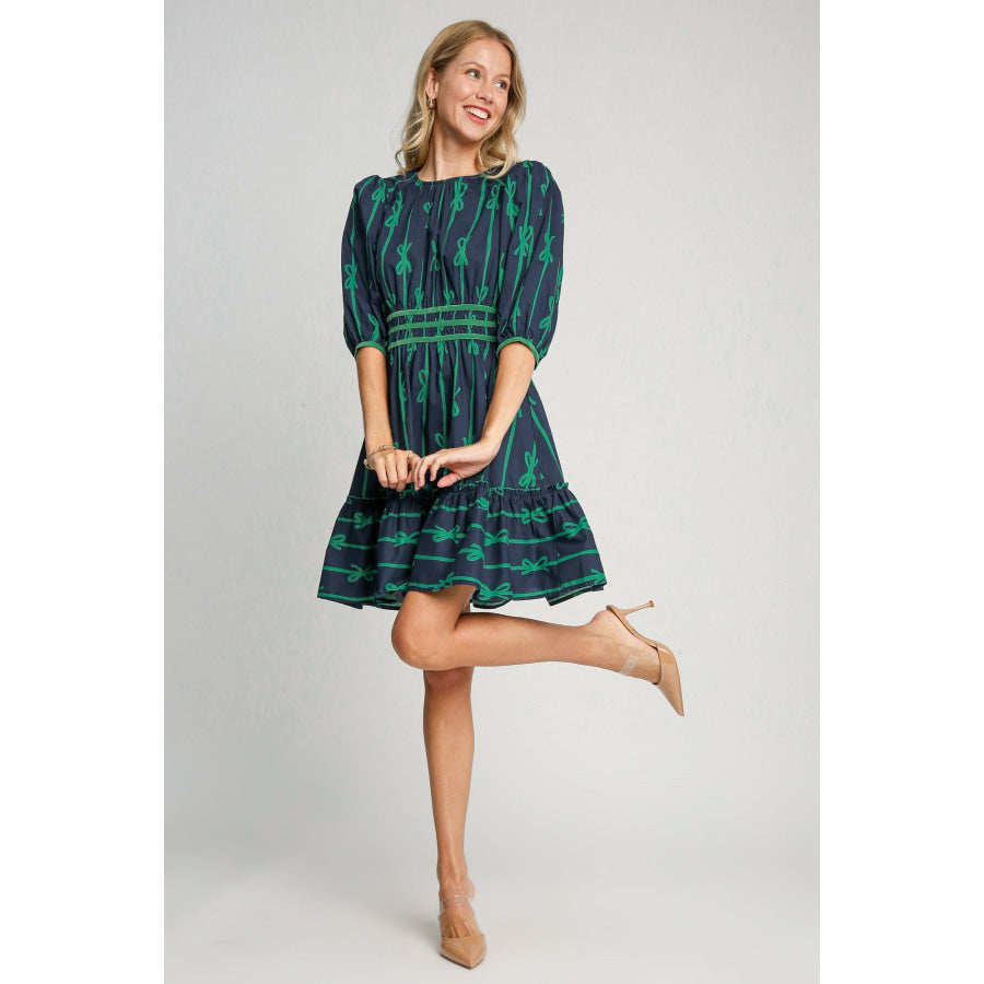 Umgee Ribbon Print Frill Contrast Velvet Trim Half Sleeve Dress Apparel and Accessories