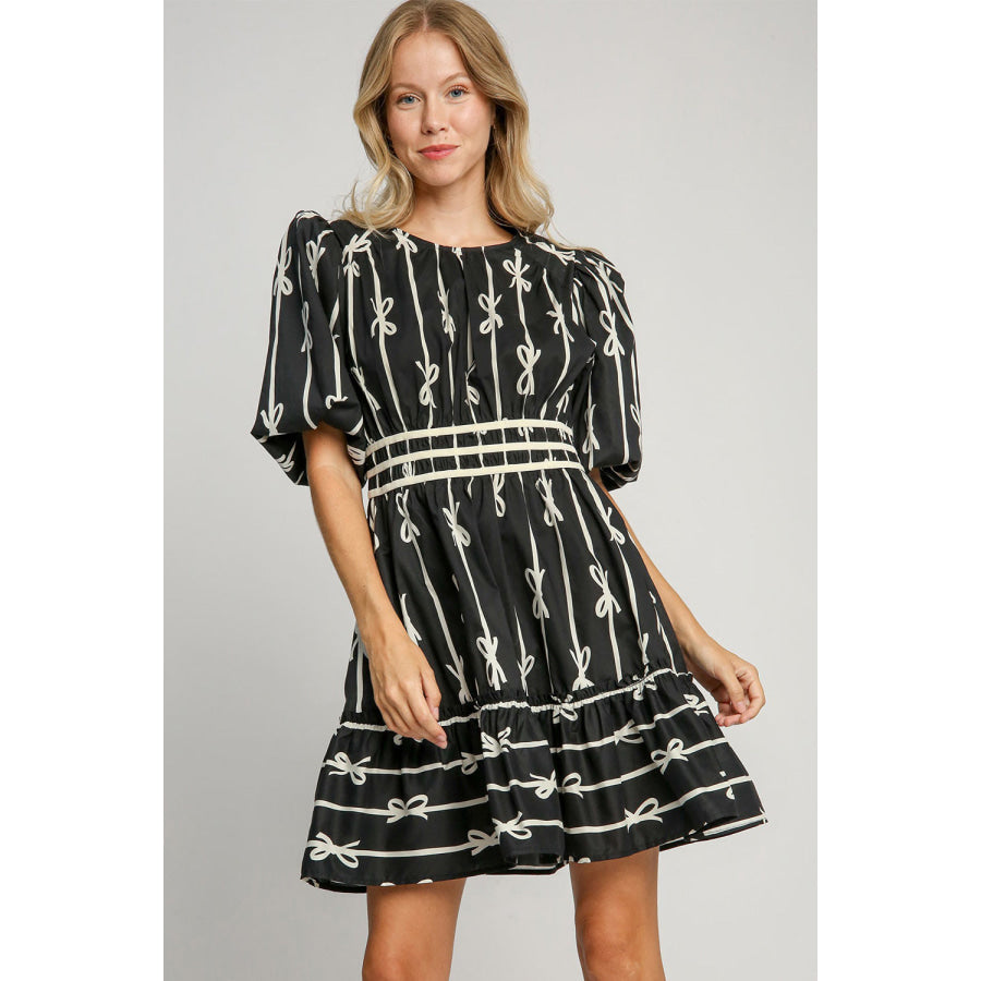 Umgee Ribbon Print Frill Contrast Velvet Trim Half Sleeve Dress Apparel and Accessories