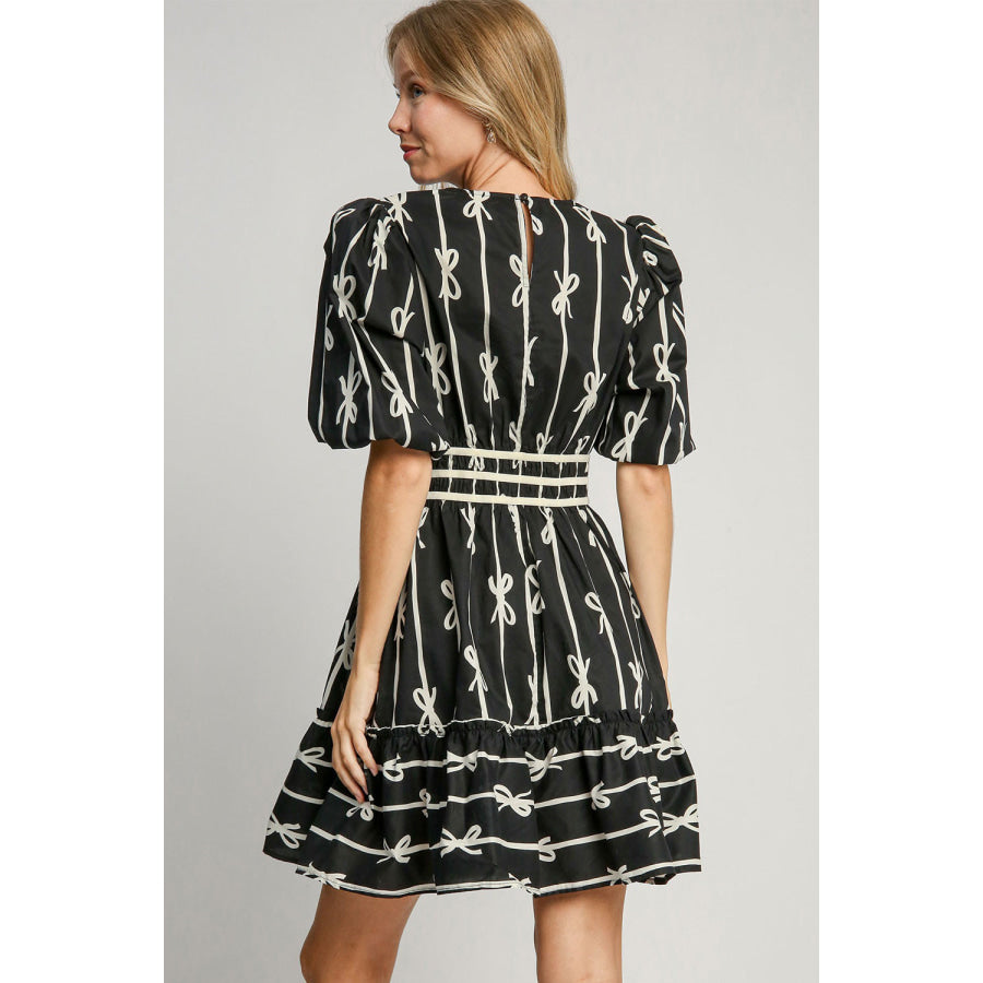 Umgee Ribbon Print Frill Contrast Velvet Trim Half Sleeve Dress Black / S Apparel and Accessories