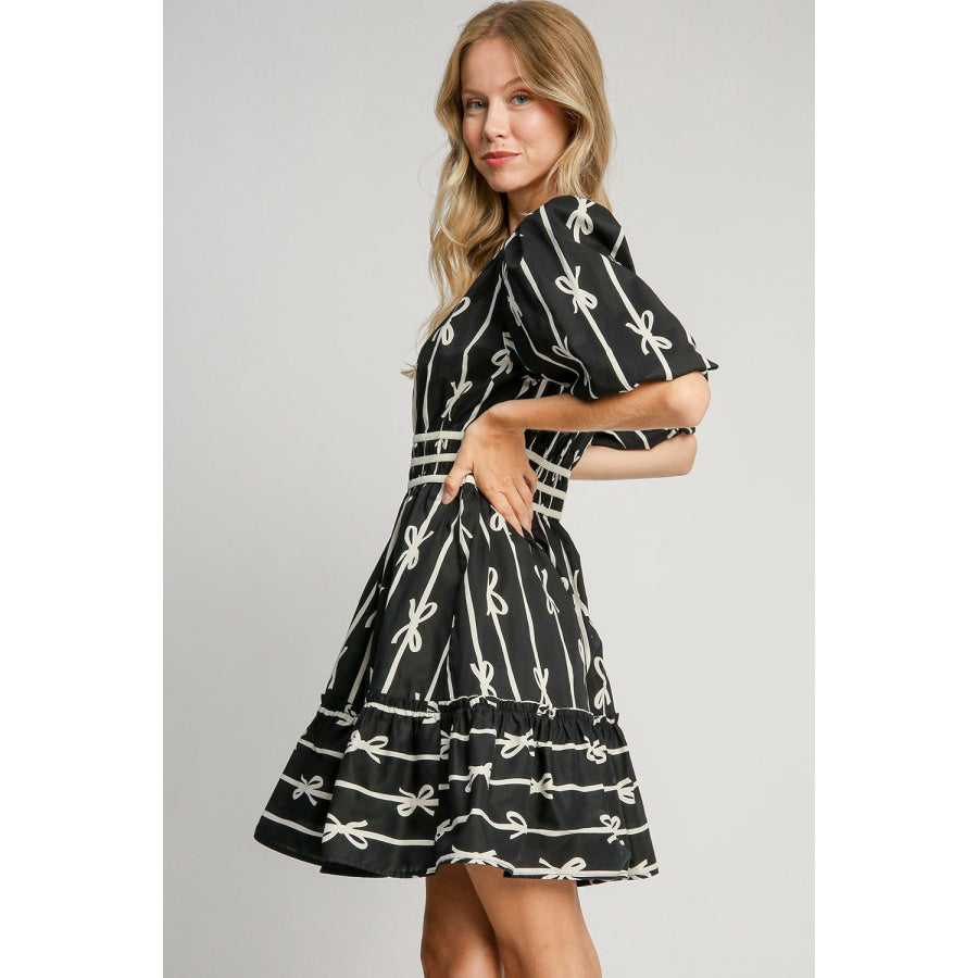 Umgee Ribbon Print Frill Contrast Velvet Trim Half Sleeve Dress Apparel and Accessories