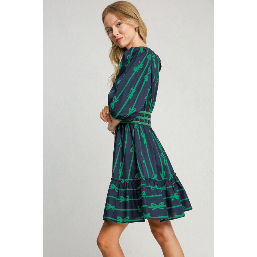 Umgee Ribbon Print Frill Contrast Velvet Trim Half Sleeve Dress Apparel and Accessories