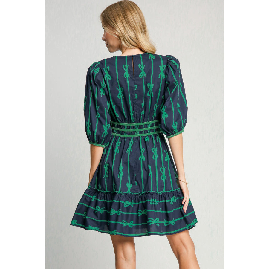 Umgee Ribbon Print Frill Contrast Velvet Trim Half Sleeve Dress Apparel and Accessories