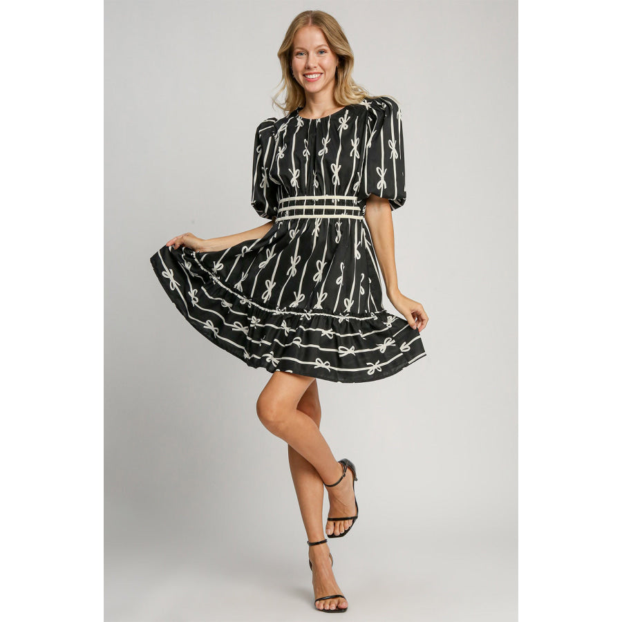 Umgee Ribbon Print Frill Contrast Velvet Trim Half Sleeve Dress Black / S Apparel and Accessories