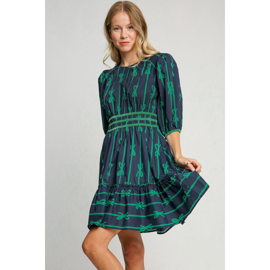 Umgee Ribbon Print Frill Contrast Velvet Trim Half Sleeve Dress Navy / S Apparel and Accessories