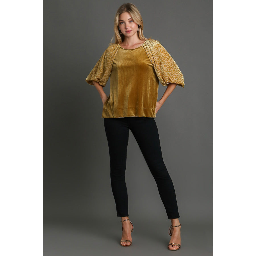 Umgee Round Neck Leopard Balloon Sleeve Velvet Top Apparel and Accessories