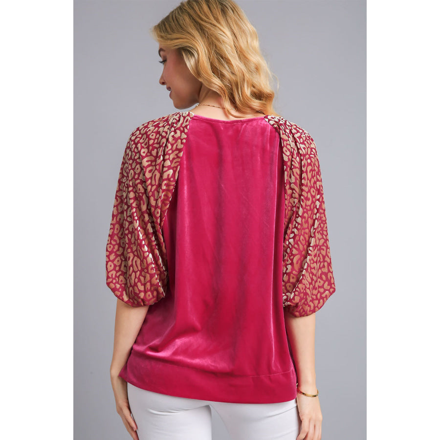 Umgee Round Neck Leopard Balloon Sleeve Velvet Top Raspberry / S Apparel and Accessories