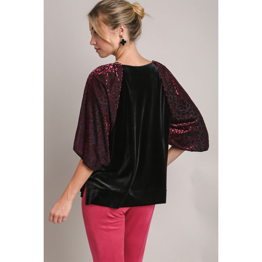 Umgee Round Neck Leopard Balloon Sleeve Velvet Top Apparel and Accessories