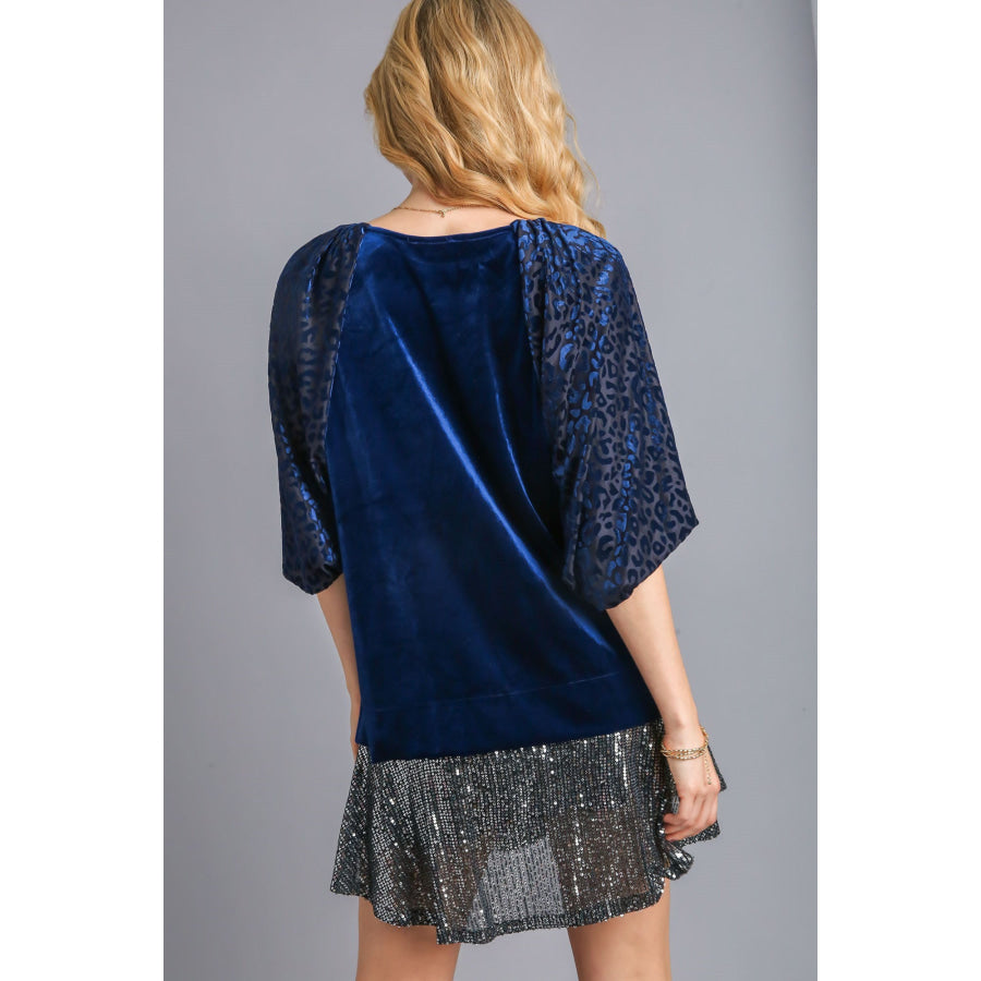 Umgee Round Neck Leopard Balloon Sleeve Velvet Top Navy / S Apparel and Accessories