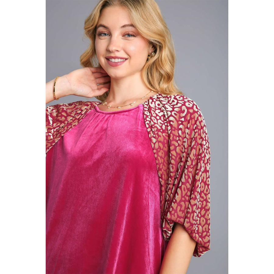 Umgee Round Neck Leopard Balloon Sleeve Velvet Top Apparel and Accessories