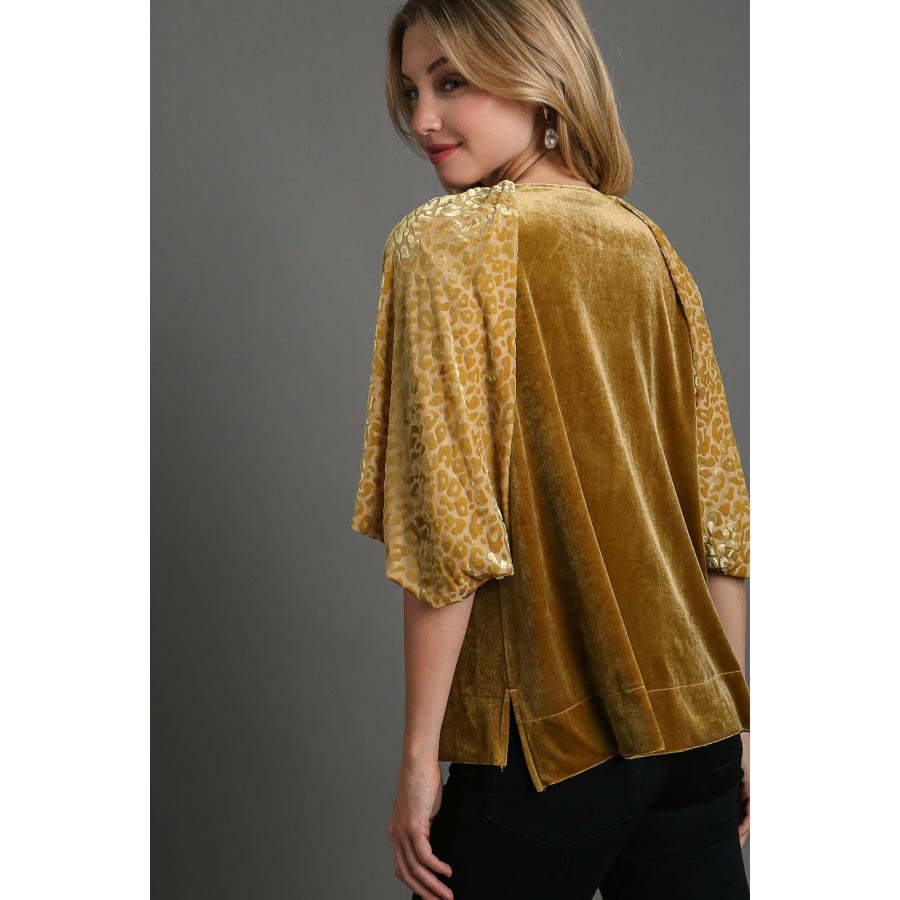 Umgee Round Neck Leopard Balloon Sleeve Velvet Top Apparel and Accessories