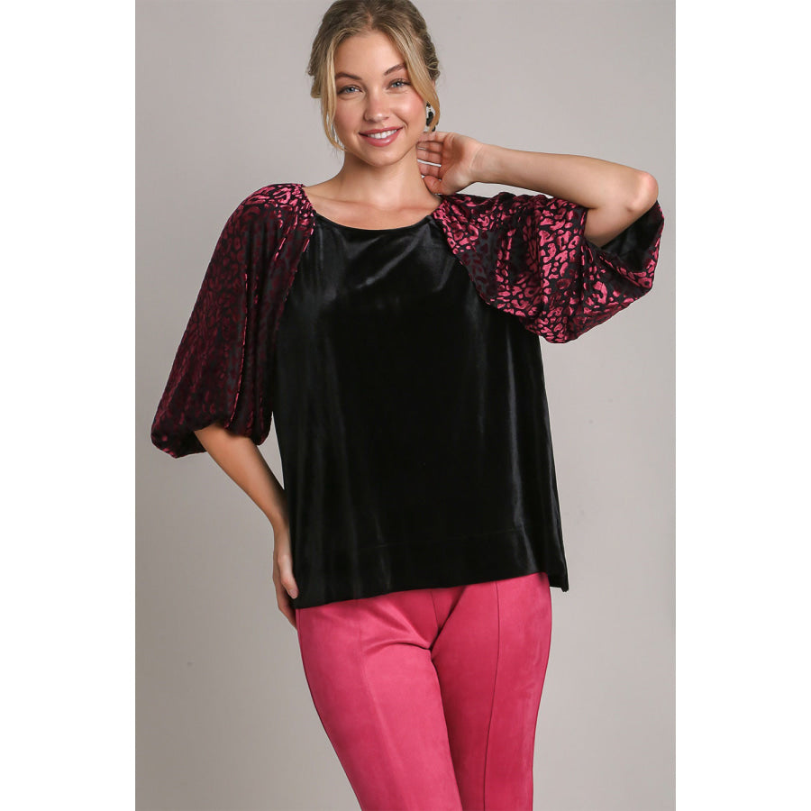 Umgee Round Neck Leopard Balloon Sleeve Velvet Top Black / S Apparel and Accessories