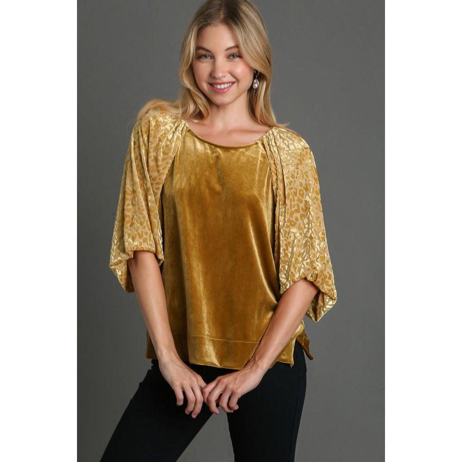 Umgee Round Neck Leopard Balloon Sleeve Velvet Top Mustard / S Apparel and Accessories