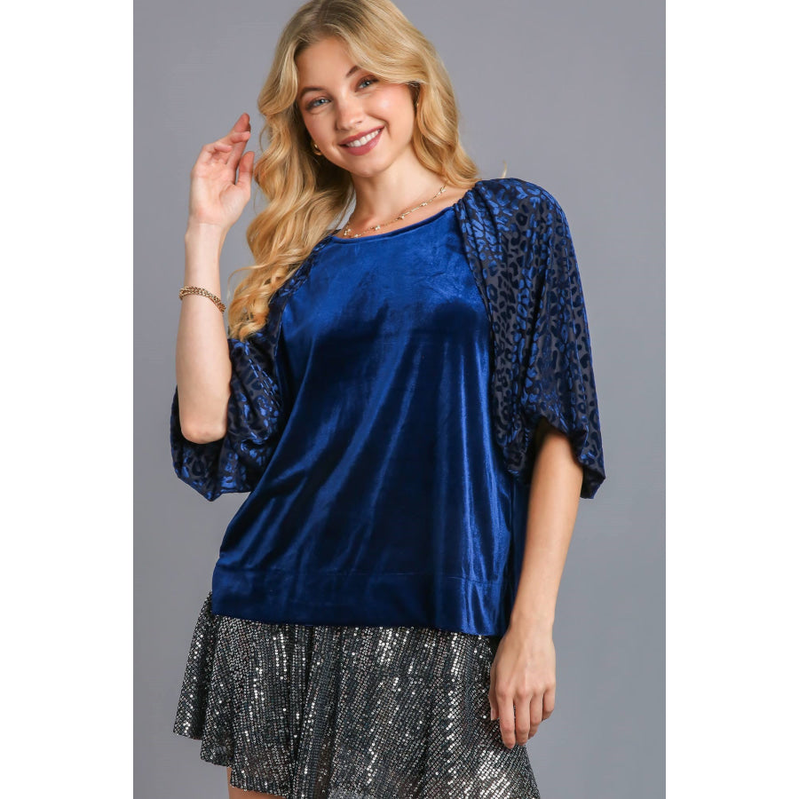 Umgee Round Neck Leopard Balloon Sleeve Velvet Top Navy / S Apparel and Accessories