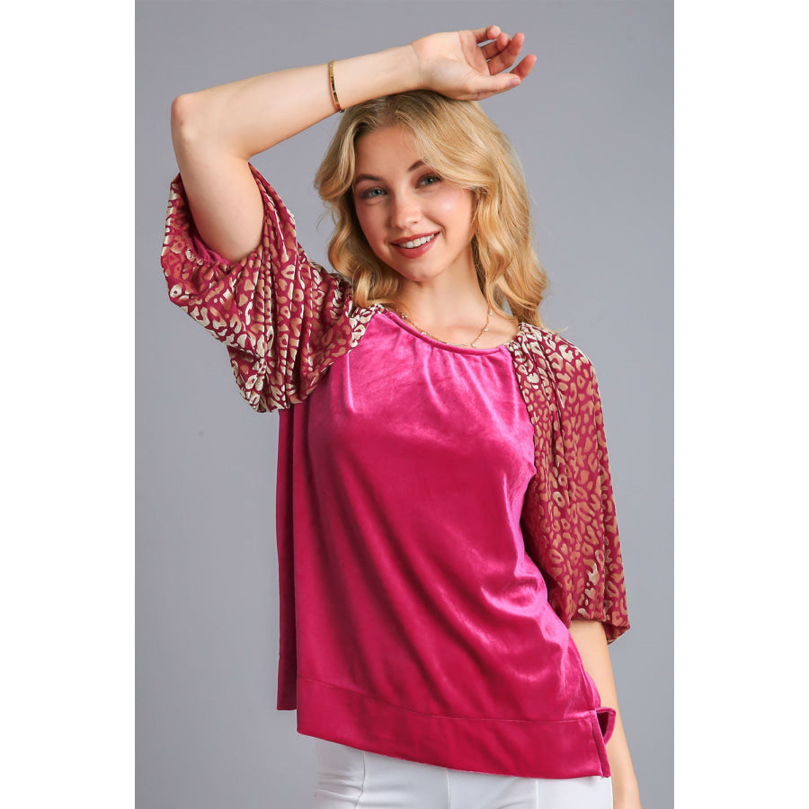 Umgee Round Neck Leopard Balloon Sleeve Velvet Top Raspberry / S Apparel and Accessories