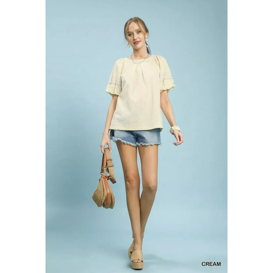 Umgee Round Neck Puff Sleeve Top with Contrast Stitch Detail Apparel and Accessories