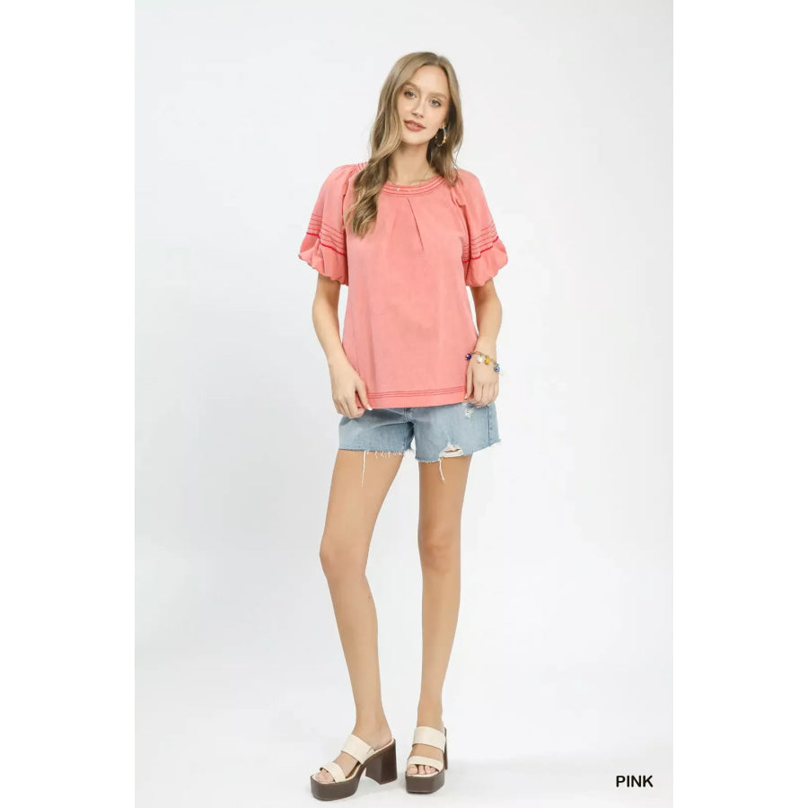 Umgee Round Neck Puff Sleeve Top with Contrast Stitch Detail Apparel and Accessories