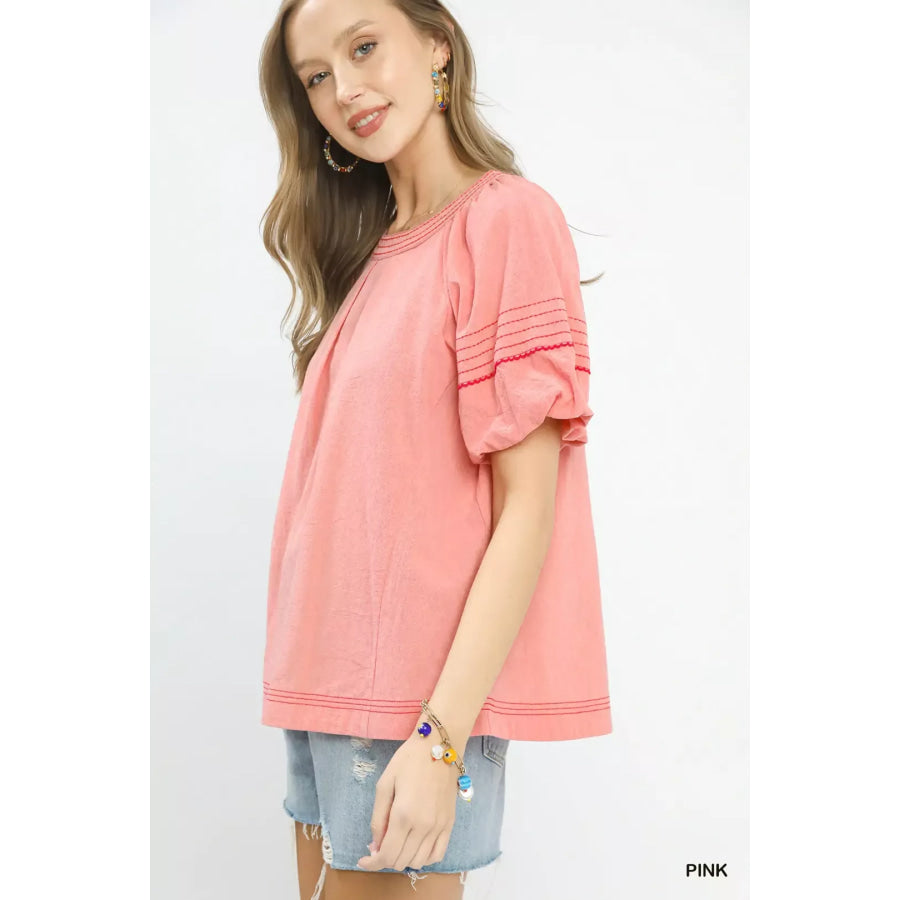 Umgee Round Neck Puff Sleeve Top with Contrast Stitch Detail PINK / S Apparel and Accessories