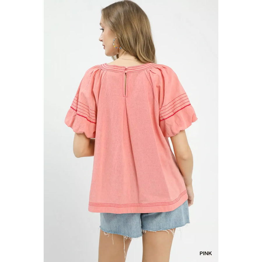Umgee Round Neck Puff Sleeve Top with Contrast Stitch Detail Apparel and Accessories