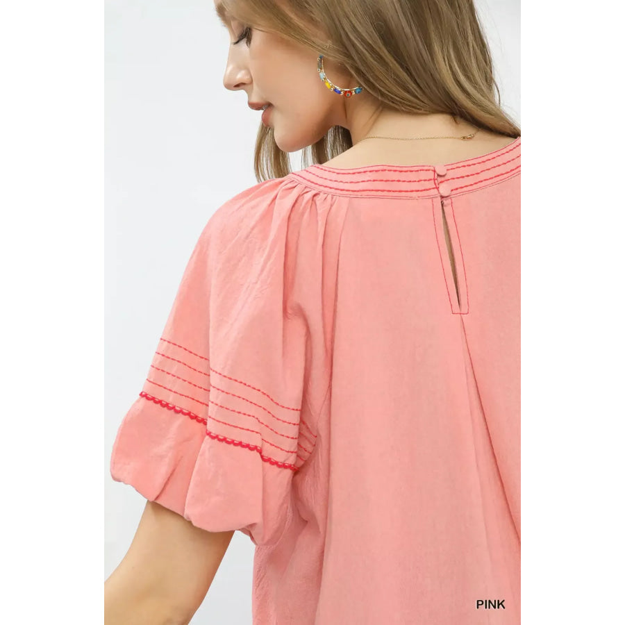 Umgee Round Neck Puff Sleeve Top with Contrast Stitch Detail Apparel and Accessories