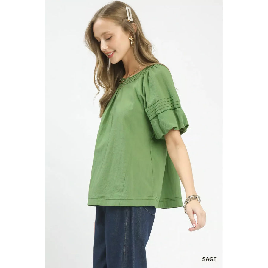Umgee Round Neck Puff Sleeve Top with Contrast Stitch Detail SAGE / S Apparel and Accessories
