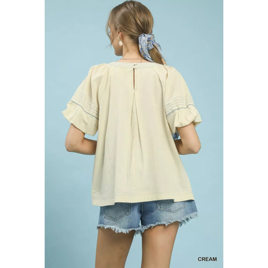 Umgee Round Neck Puff Sleeve Top with Contrast Stitch Detail Apparel and Accessories