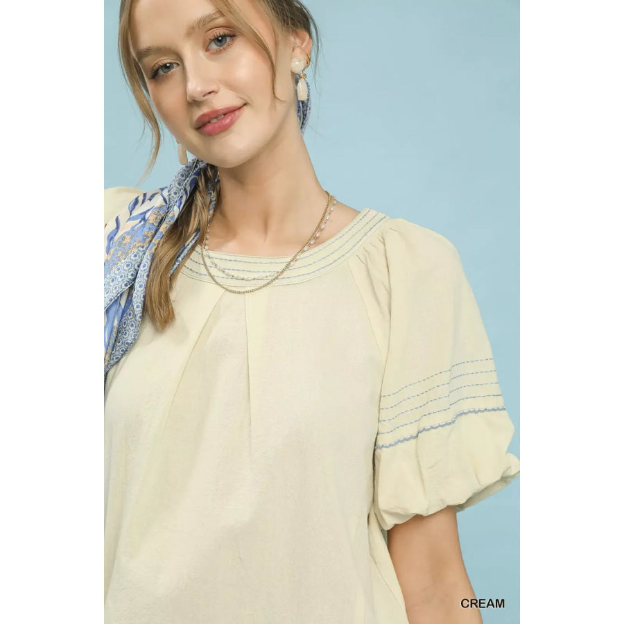 Umgee Round Neck Puff Sleeve Top with Contrast Stitch Detail Apparel and Accessories