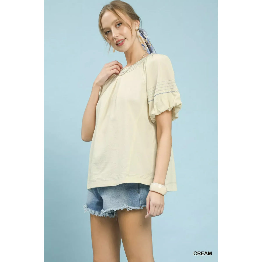 Umgee Round Neck Puff Sleeve Top with Contrast Stitch Detail CREAM / S Apparel and Accessories
