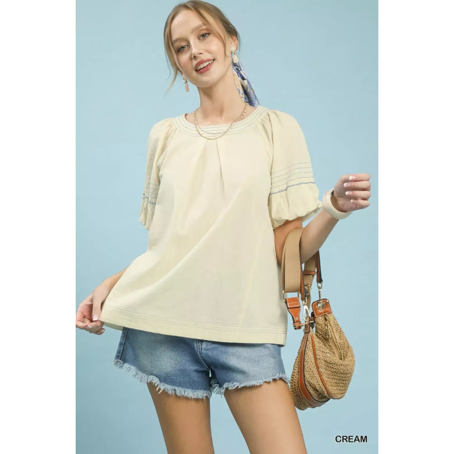 Umgee Round Neck Puff Sleeve Top with Contrast Stitch Detail CREAM / S Apparel and Accessories
