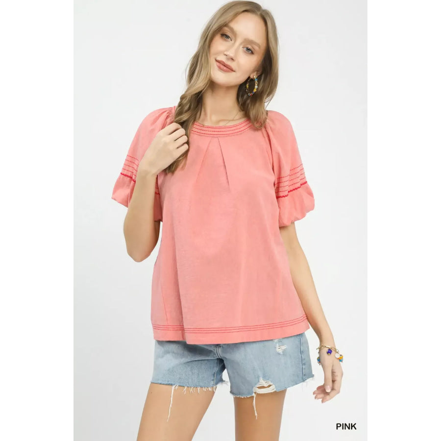 Umgee Round Neck Puff Sleeve Top with Contrast Stitch Detail PINK / S Apparel and Accessories