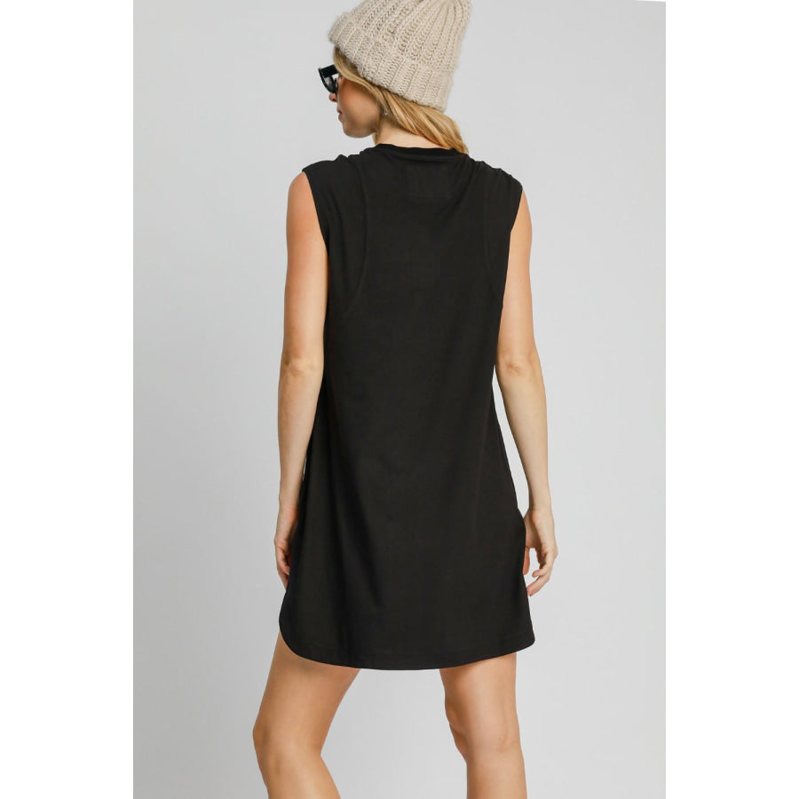 Umgee Round Neck Sleeveless High-Low Curved Hemline Mini Dress Black / S Apparel and Accessories