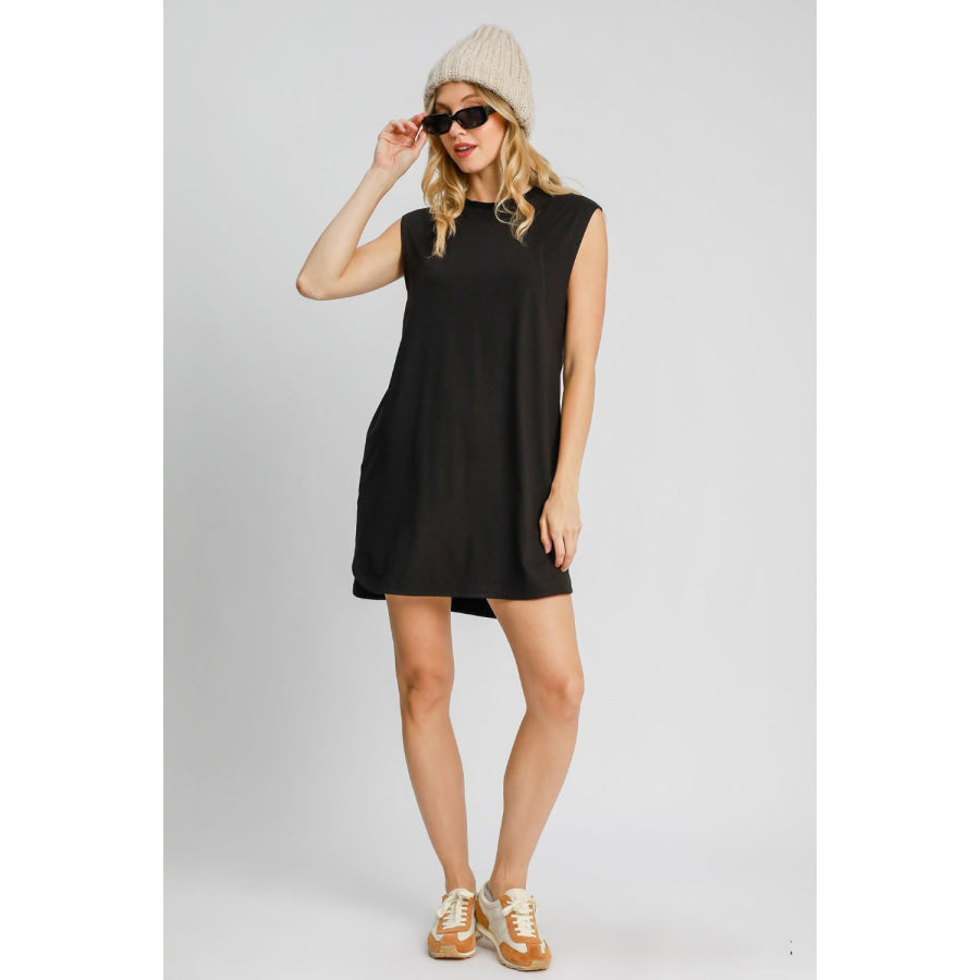 Umgee Round Neck Sleeveless High-Low Curved Hemline Mini Dress Apparel and Accessories