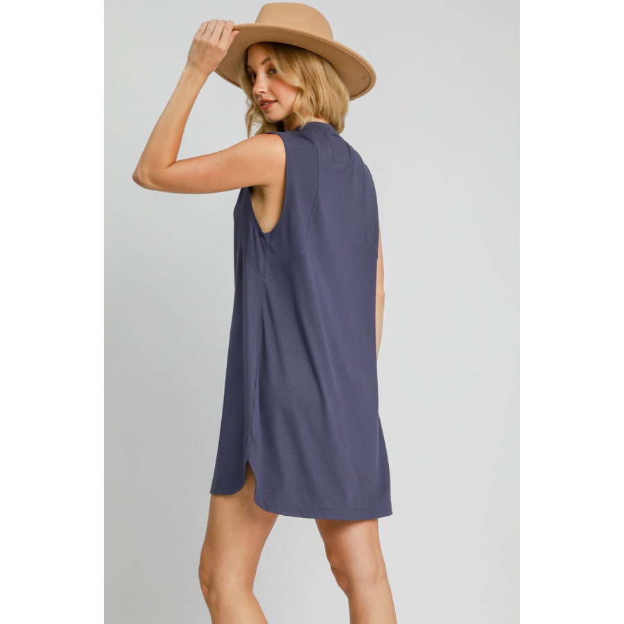 Umgee Round Neck Sleeveless High-Low Curved Hemline Mini Dress Navy / S Apparel and Accessories