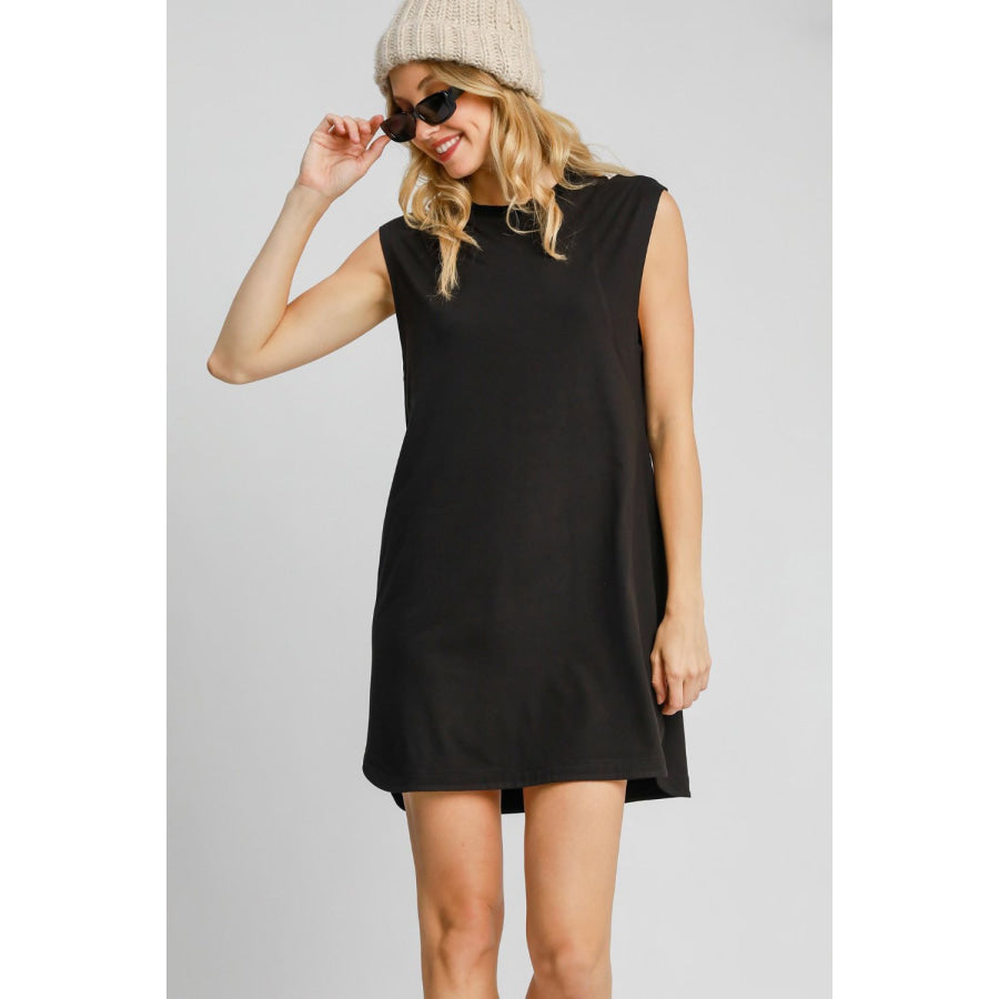 Umgee Round Neck Sleeveless High-Low Curved Hemline Mini Dress Black / S Apparel and Accessories