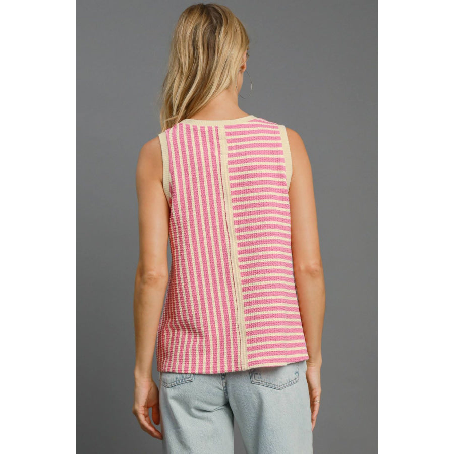 Umgee Round Neck Texture Striped Tank Apparel and Accessories