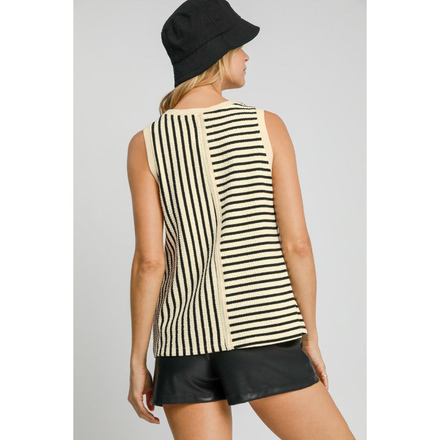 Umgee Round Neck Texture Striped Tank Cream / S Apparel and Accessories