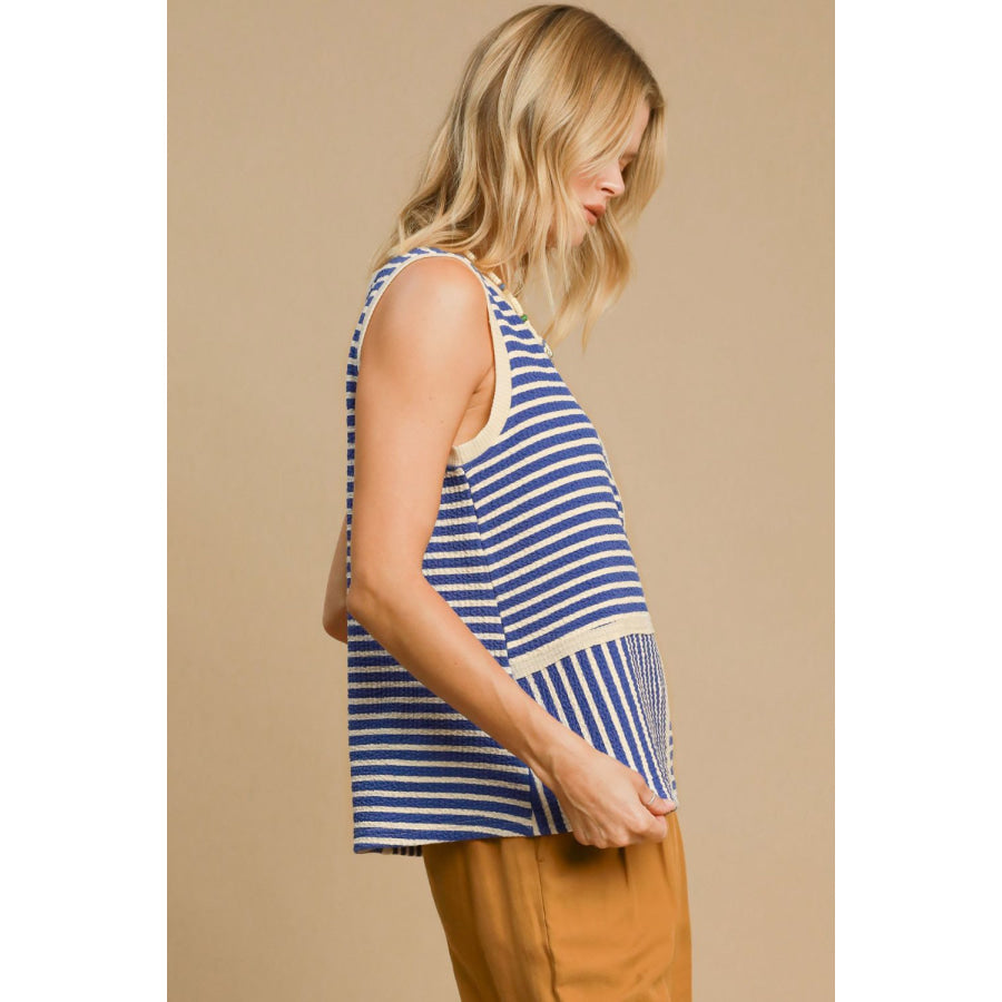 Umgee Round Neck Texture Striped Tank Apparel and Accessories