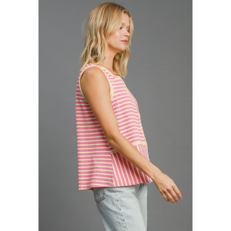 Umgee Round Neck Texture Striped Tank Apparel and Accessories