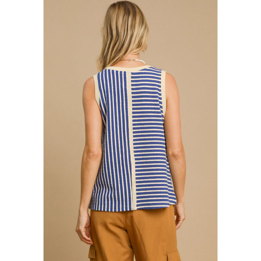 Umgee Round Neck Texture Striped Tank Apparel and Accessories