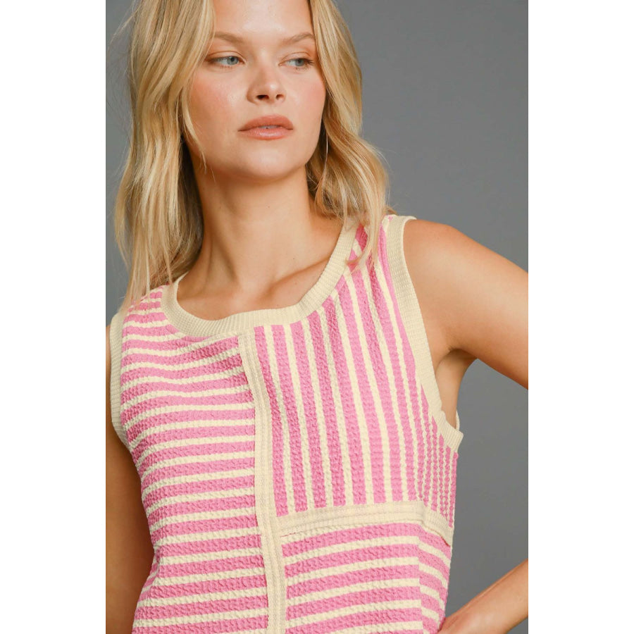 Umgee Round Neck Texture Striped Tank Apparel and Accessories