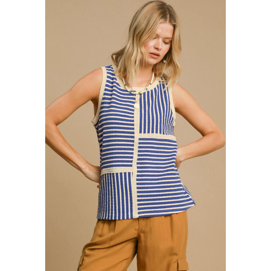 Umgee Round Neck Texture Striped Tank Blue / S Apparel and Accessories