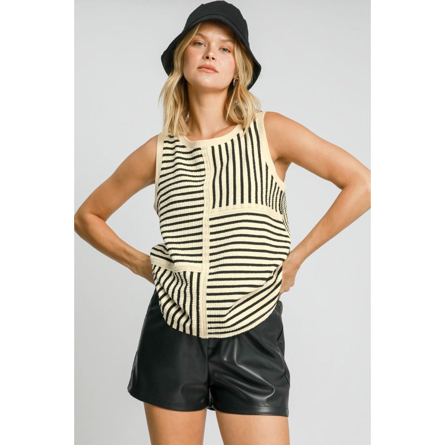 Umgee Round Neck Texture Striped Tank Cream / S Apparel and Accessories