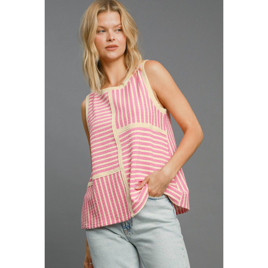 Umgee Round Neck Texture Striped Tank Pink / S Apparel and Accessories