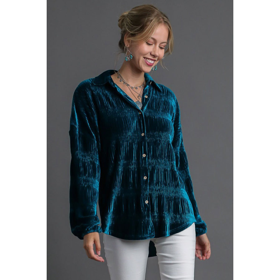 Umgee Ruched Tiered Button Up Shirt Teal / S Apparel and Accessories