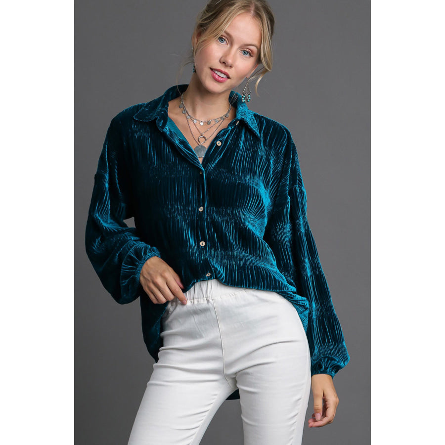 Umgee Ruched Tiered Button Up Shirt Teal / S Apparel and Accessories