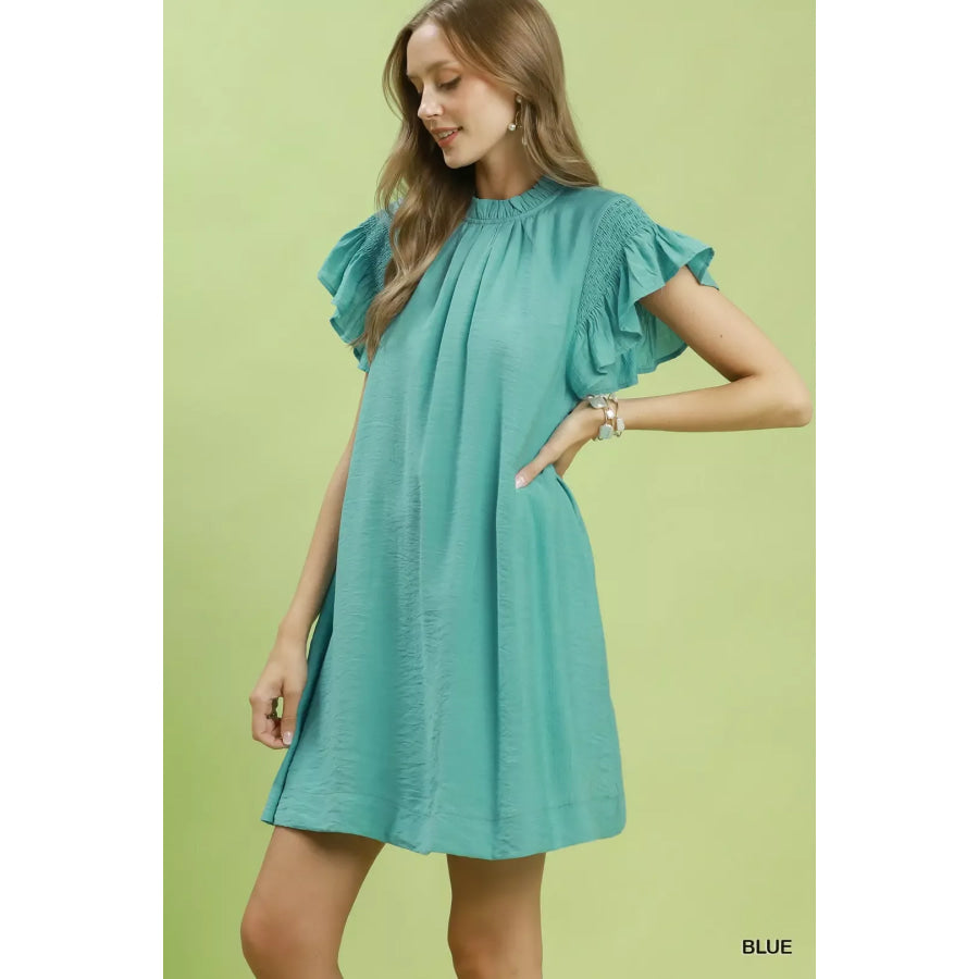 Umgee Ruffle Flutter Sleeve Dress MINT BLUE / S Apparel and Accessories