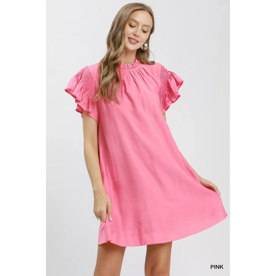 Umgee Ruffle Flutter Sleeve Dress PINK / S Apparel and Accessories