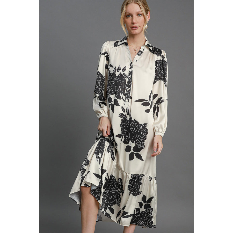 Umgee Ruffle Hem Flower Print Johnny Collar Dress Apparel and Accessories