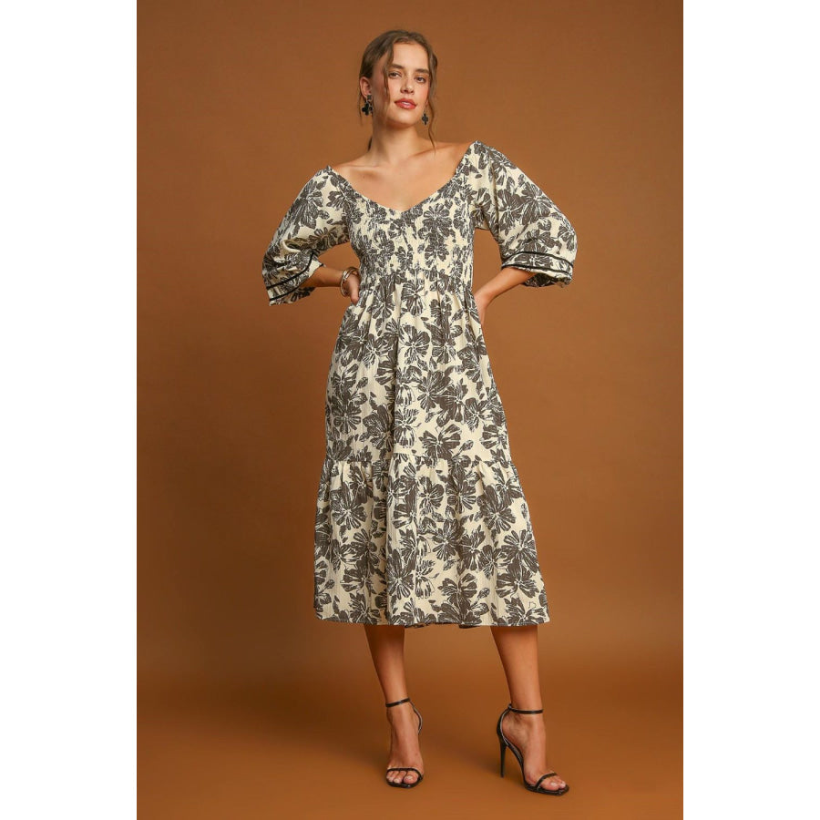 Umgee Ruffle Hem Flower Printed V-Neck Dress Apparel and Accessories